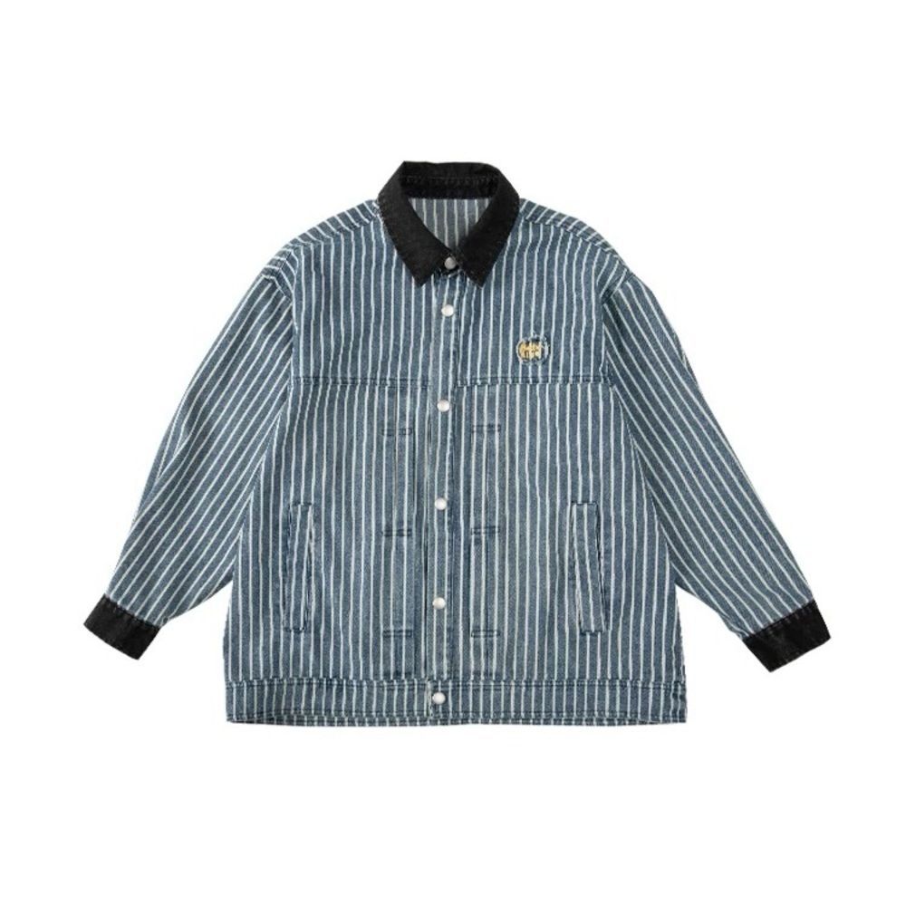 Striped Denim Jacket with Black Collar